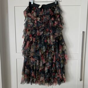 Anthropologie Floral Ruffle Midi Skirt - Black, Red, Blue